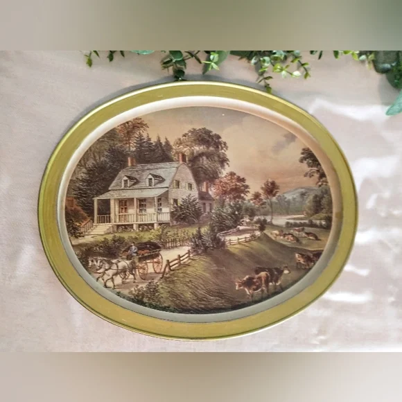 Vintage Currier & Ives Oval Tray - "The American Homestead" - Picture 7 of 11